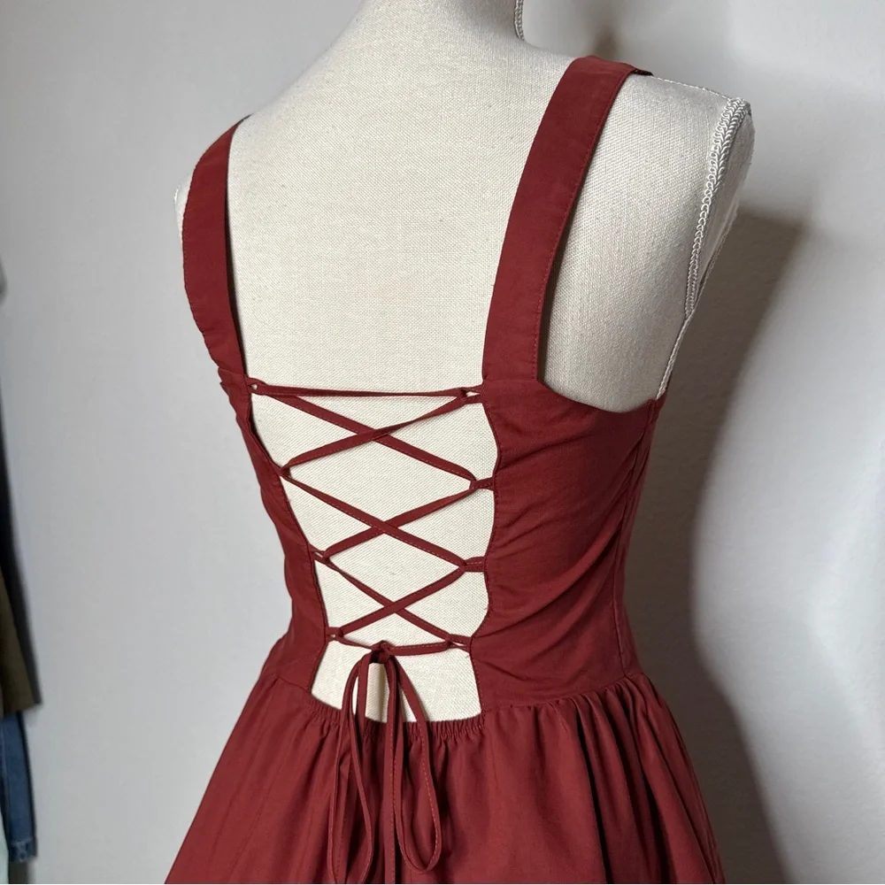 Free People East Side Red Lace Up Fit And Flare Mini Dress Pockets Size S